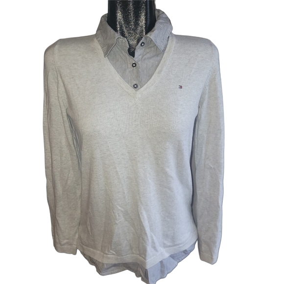 Tommy Hilfiger Pale Gray V-Neck Sweater with Faux Shirt M - Picture 1 of 7